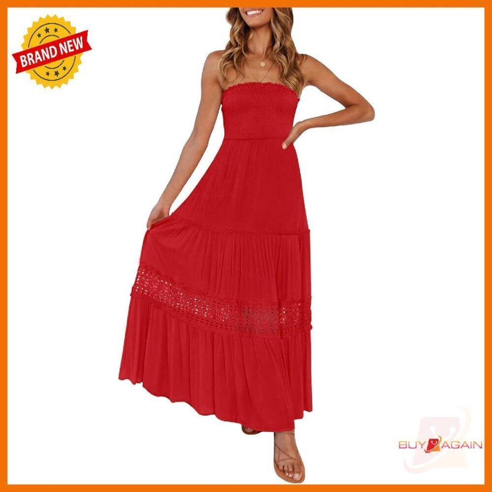 Strapless Backless Maxi Dress Lace Trim Flowy Formal Beach